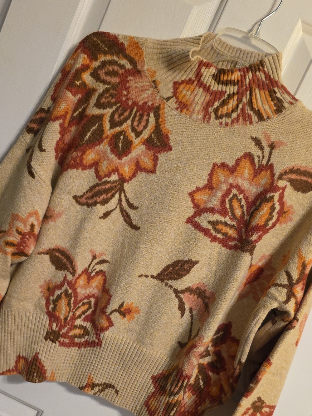 LC Lauren Conrad Mock Cowl-Neck Floral Sweater with Rust and Brown Accents